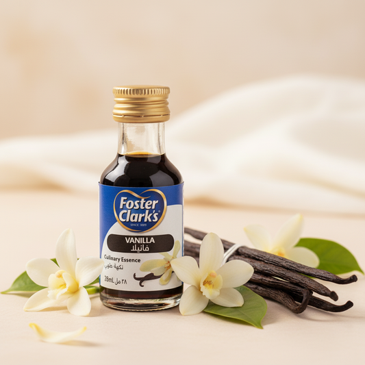 Foster Clark's Vanilla Essence with vanilla beans and flowers