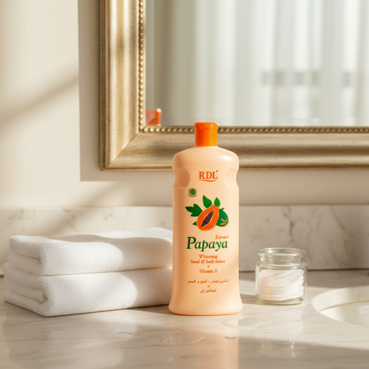RDL Papaya Lotion in lifestyle bathroom setting